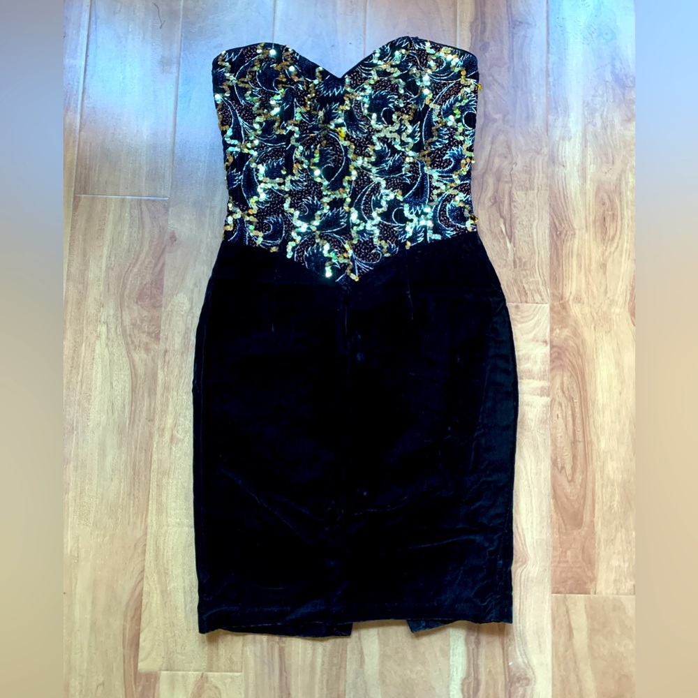 Vintage Black & Gold Jessica McClintock Gunne Sax Strapless Sweetheart MiniDress